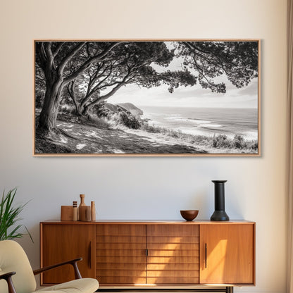 Ocean View, Coastal Trees, Cliffside Vista, Light and Shadows, Framed Canvas Print, landscape wall art, modern beach decor, boho living room