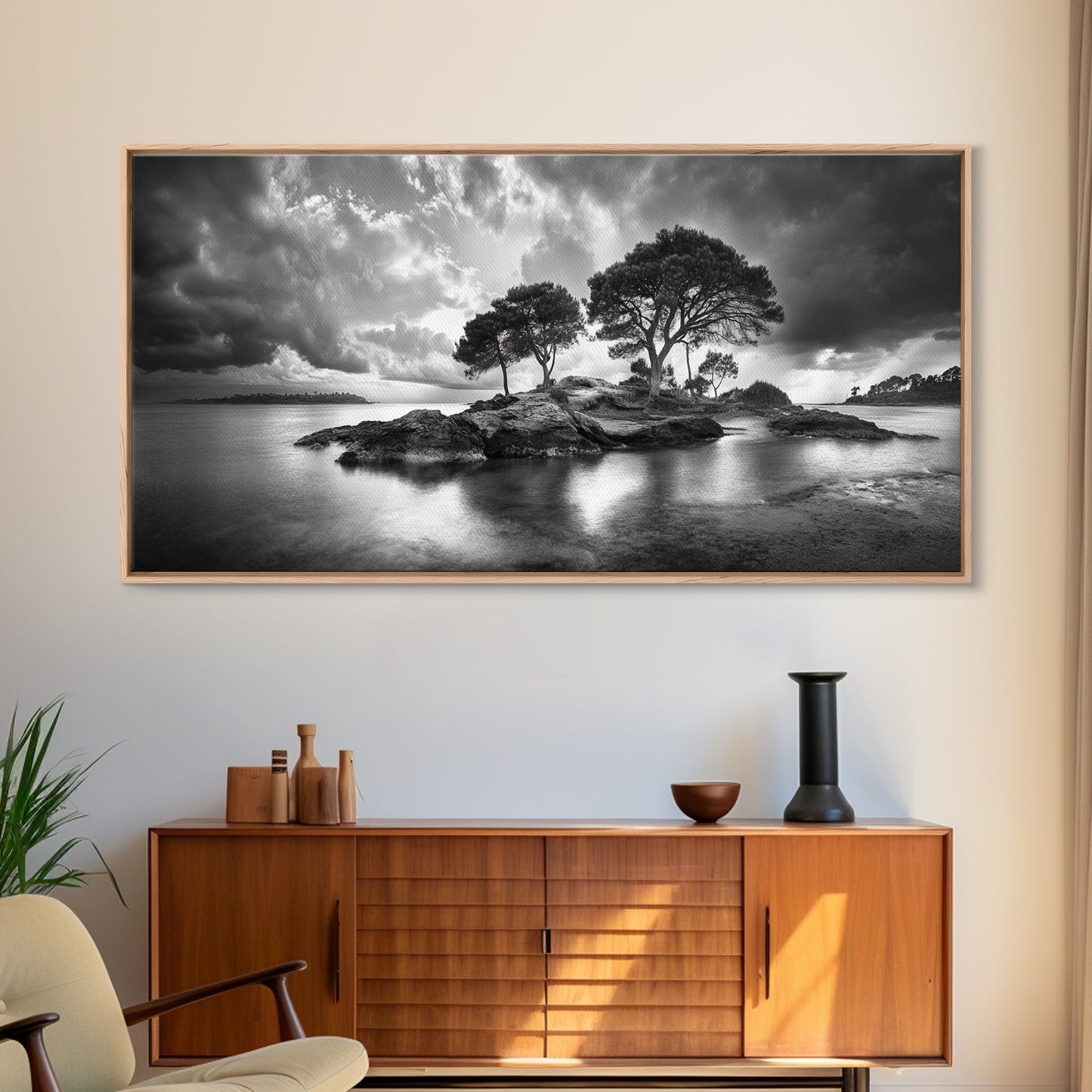 Island Pines, Rocky Shoreline, Peaceful Water, Stormy Sky, Framed Canvas Print, coastal art, rustic nature wall art, neutral living room decor