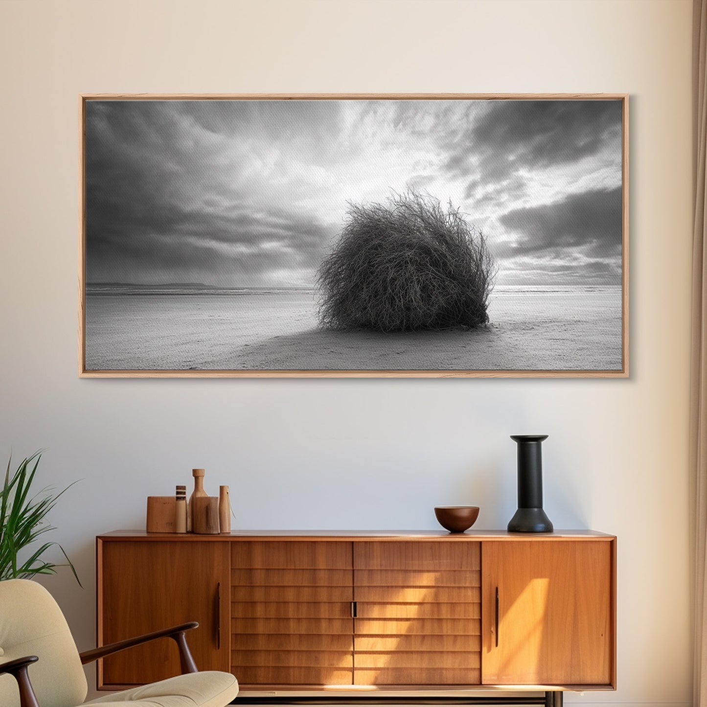 Tumbleweed, Desert Beach, Moody Sky, Solitary Calm, Framed Canvas Print, minimalist desert wall art, western Fall decor, neutral tones