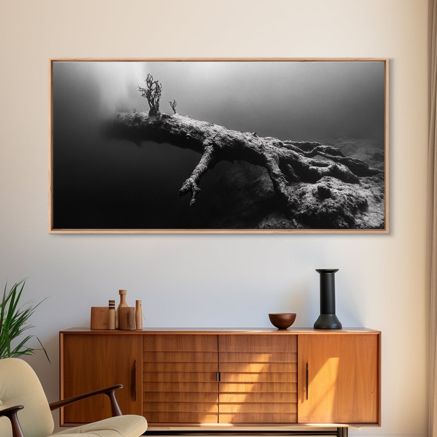 Underwater Tree, Ocean Roots, Nature Surrealism, Canvas Print, Moody Nautical Decor, Bathroom Wall Art, Black And White Abstract Art