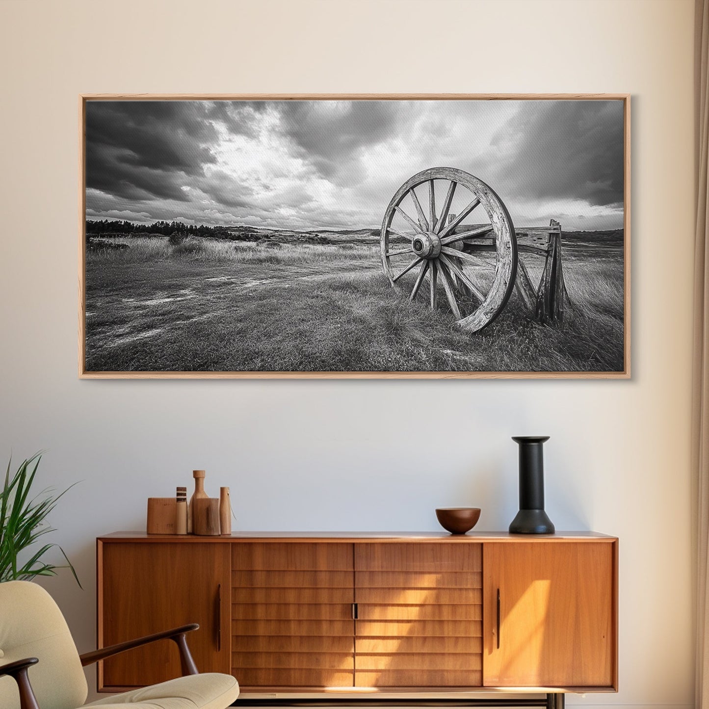 Prairie Wagon Wheel, Western Landscape, Rustic Field, Canvas Print, Country Farmhouse Wall Art, Fall Rustic Decor, Black And White Art