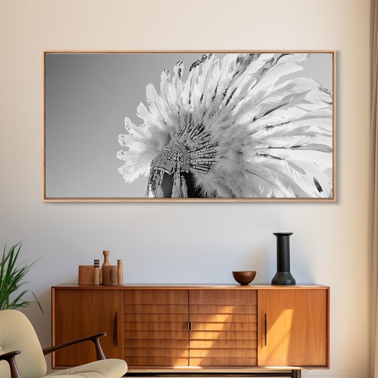 Kopfschmuck der Ureinwohner, Federkrone, Kulturelle Hommage, Leinwanddruck, Boho-Ethno-Dekor, Wandbild fürs Schlafzimmer, Monochromer indigener Stil