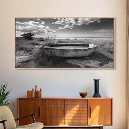 Concrete Trough, Coastal Horizon, Grassy Shoreline, Canvas Print, Rustic Farmhouse Bathroom Art, Minimalist Nature, Fall Beach Wall Decor