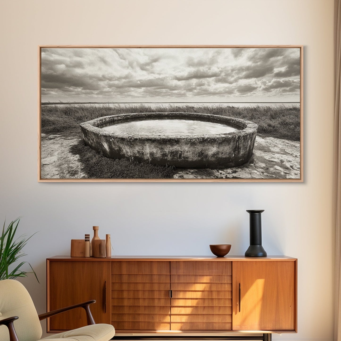 Water Trough, Overcast Skies, Ocean Breeze, Framed Canvas Print, Country Rustic Wall Art, Sepia Toned Fall Decor, Entryway Or Den Art