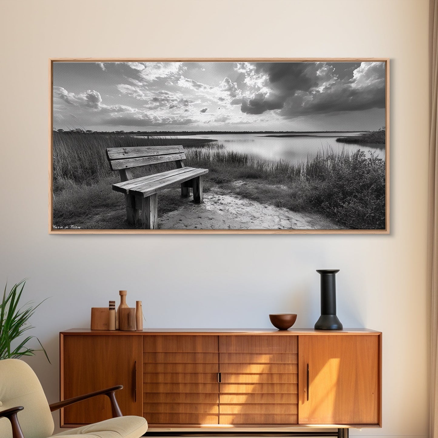 Lakeside Bench, Calm Waters, Sunset View, Canvas Print, Tranquil Nature Photography, Living Room Wall Art, Serene Outdoor Fall Landscape