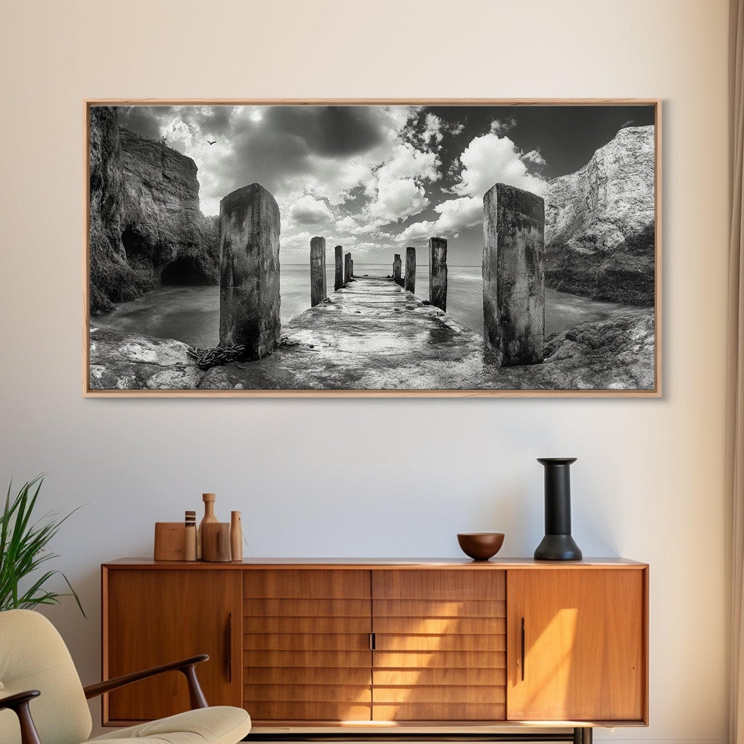 Ocean Pier, Seaside Dock, Crashing Waves, Canvas Print, Dramatic Coastal Wall Art, Black And White Decor, Bathroom Or Hallway Photography