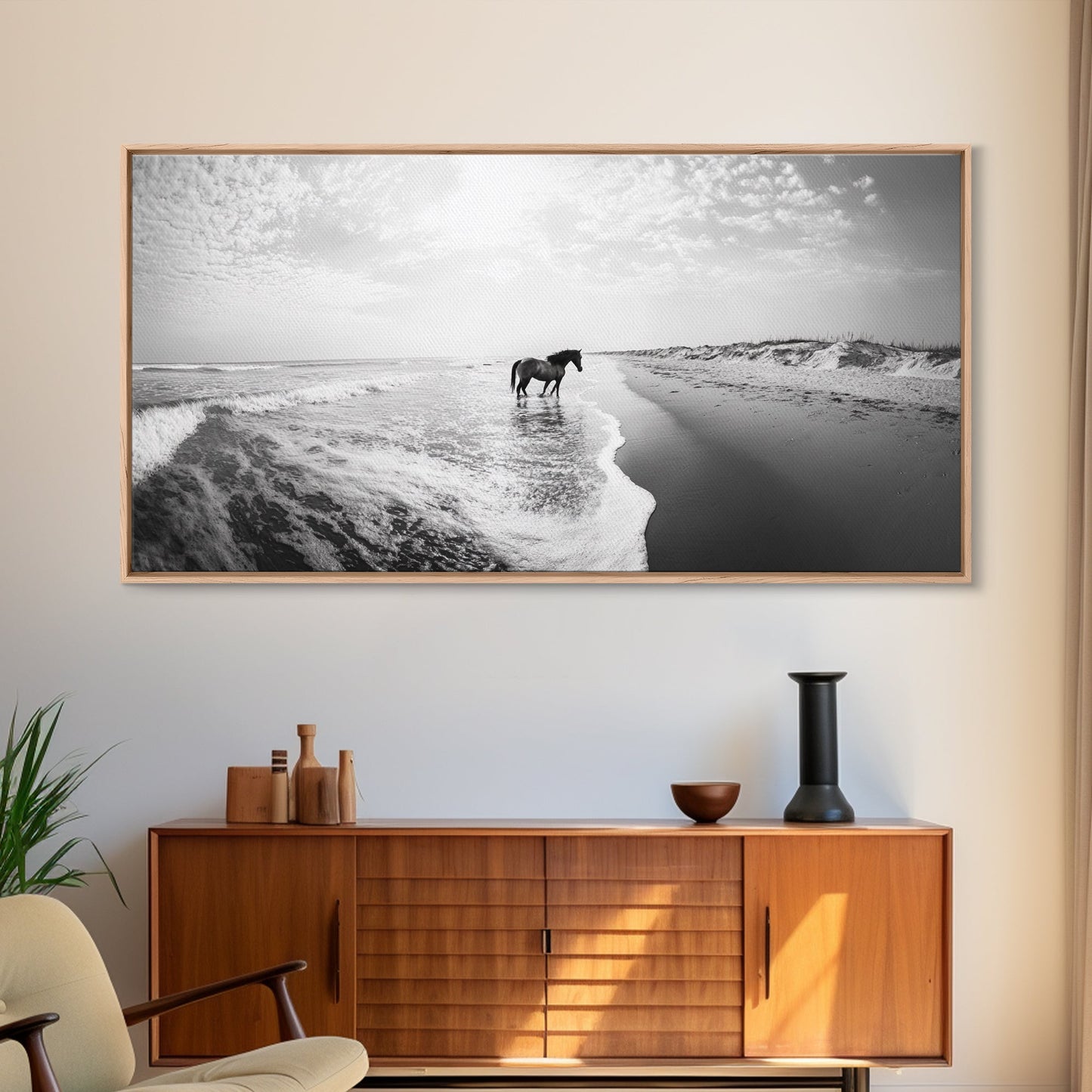 Wild Horse Beach, Coastal Nature Art, Minimalist Animal Photography, Serene Landscape, Neutral Bedroom Decor, Framed Canvas Print