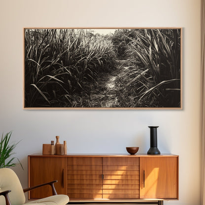 Grasbewachsener Pfad, Naturmotiv, Rustikale Landschaft, Naturnahe Wohndekoration, Herbstliche Flurkunst, Gerahmter Leinwanddruck