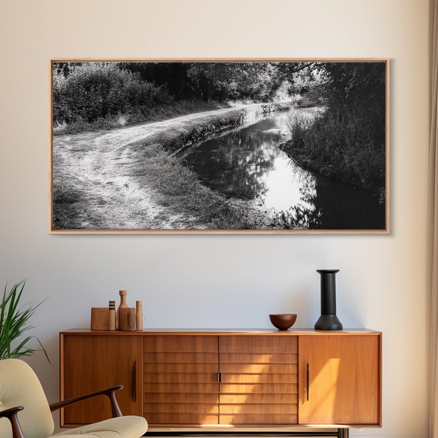 River Bend Trail, Peaceful Water Path, Tranquil Forest Landscape, Nature-Inspired Rustic Decor, Autumn Wall Art, Canvas Print