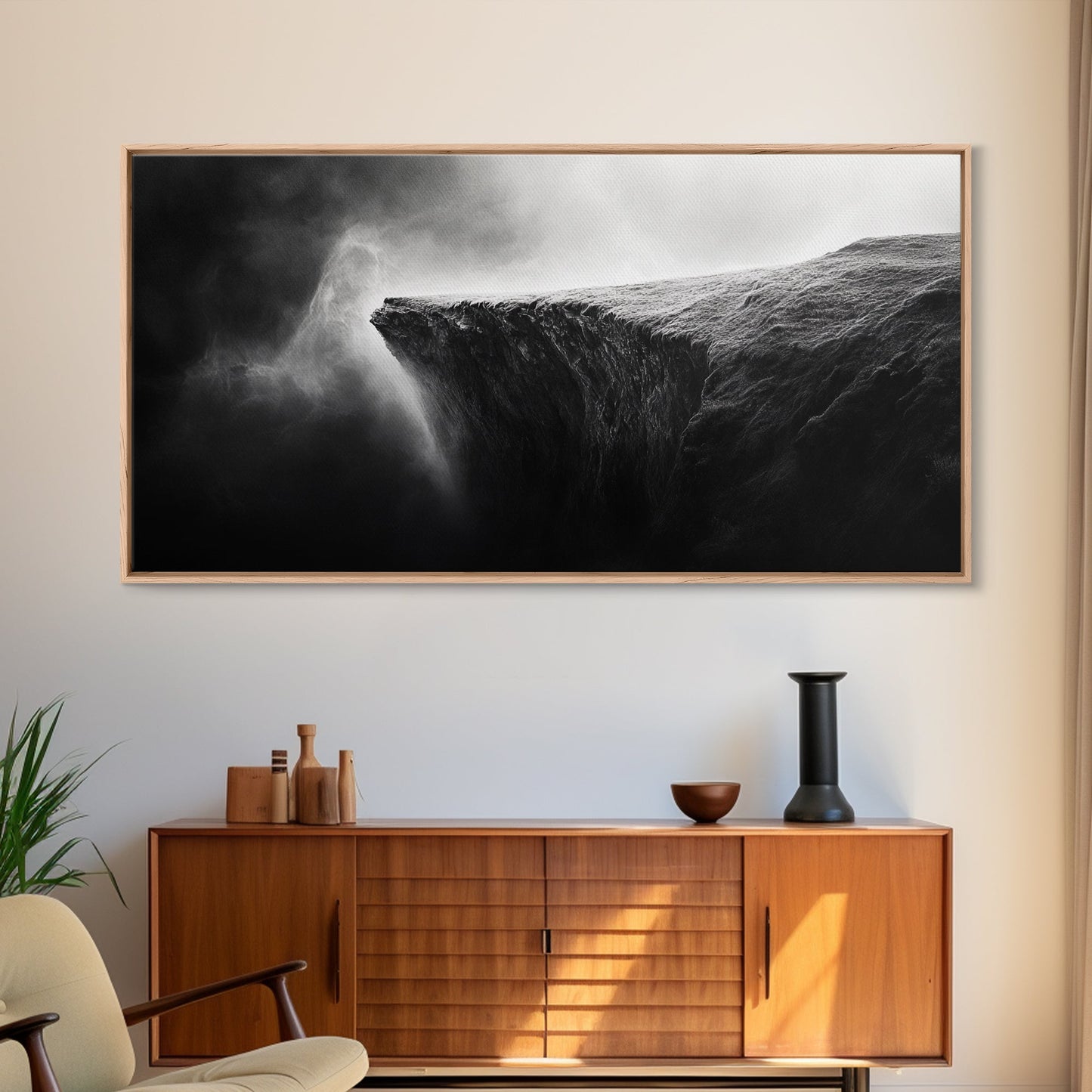 Misty Cliff, Fantasy Landscape, Monochrome Art, Mysterious Edge, Canvas Print, Moody Wall Decor, Bedroom Wall Art, Dark Nature Photography