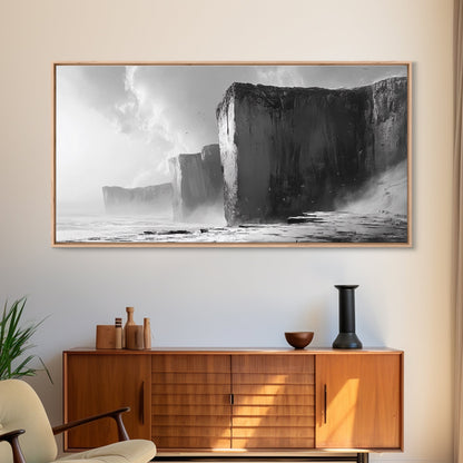 Ocean Cliffs, Towering Rock, Misty Coast, Rugged Seascape, Canvas Print, Moody Wall Art, Office Decor, Dramatic Landscape, Office Decor