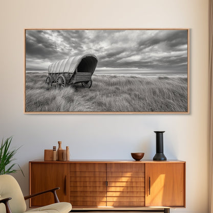 Prairie Wagon, Coastal Grass, Covered Cart, Western Landscape, Framed Canvas Print, Rustic Fall Art, Living Room Wall Decor