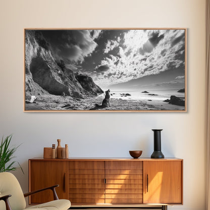 Howling Dog, Seaside Cliffs, Cloudy Sky, Wild Beach, Canvas Print, Nature Animal Art, Rustic Fall Wall Decor, Entryway Accent, Bedroom Wall Art