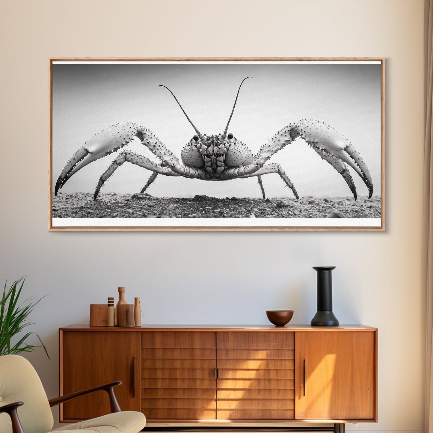 Crab Art, Beach Creature, Monochrome Photography, Nature Close-Up, Framed Canvas Print, Coastal Bathroom Art, Marine Home Style