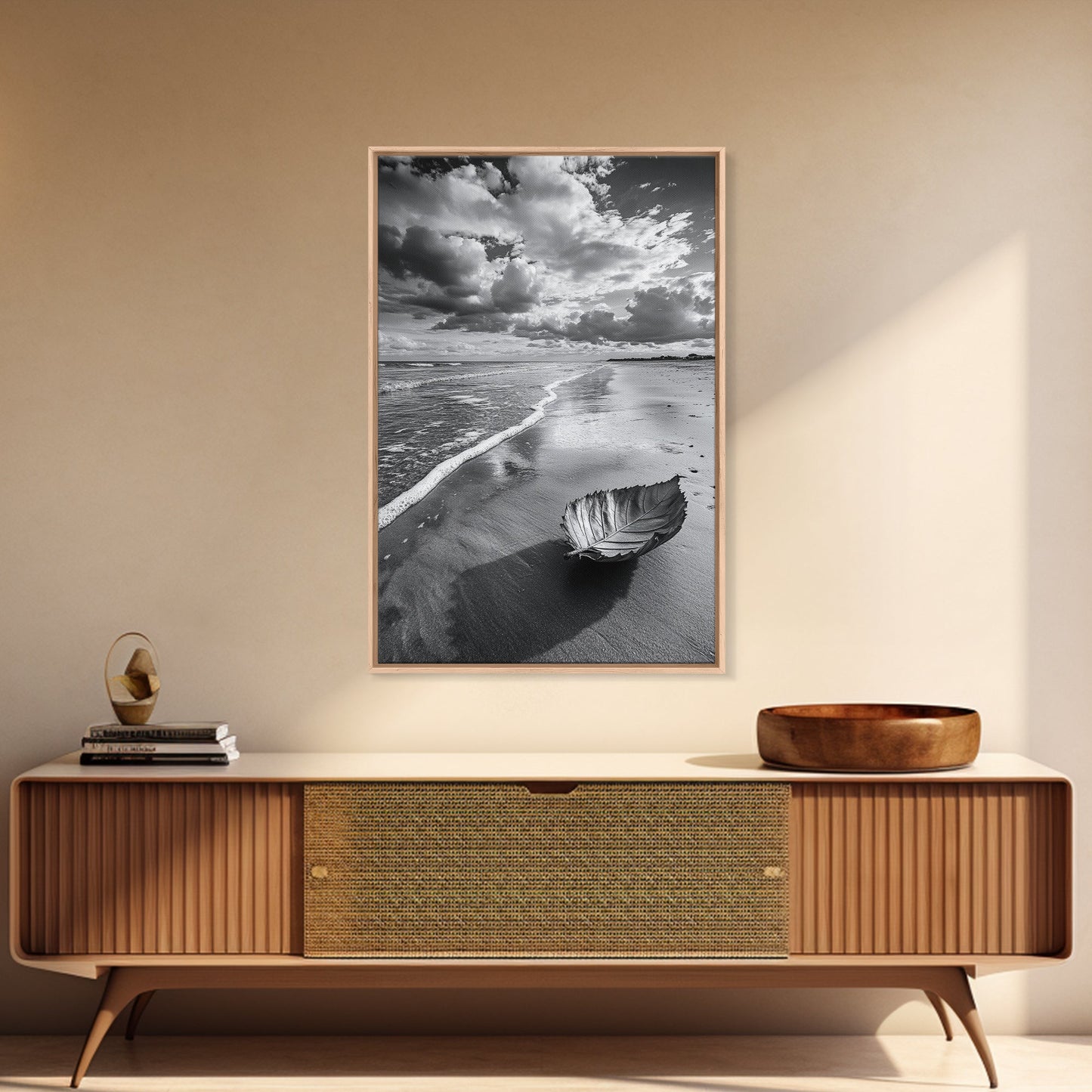 Autumn Beach Leaf, Drift Shore, Moody Cloudscape, Black and White Fall Art, Framed Canvas Print, Seasonal Wall Decor, Rustic Autumn Style