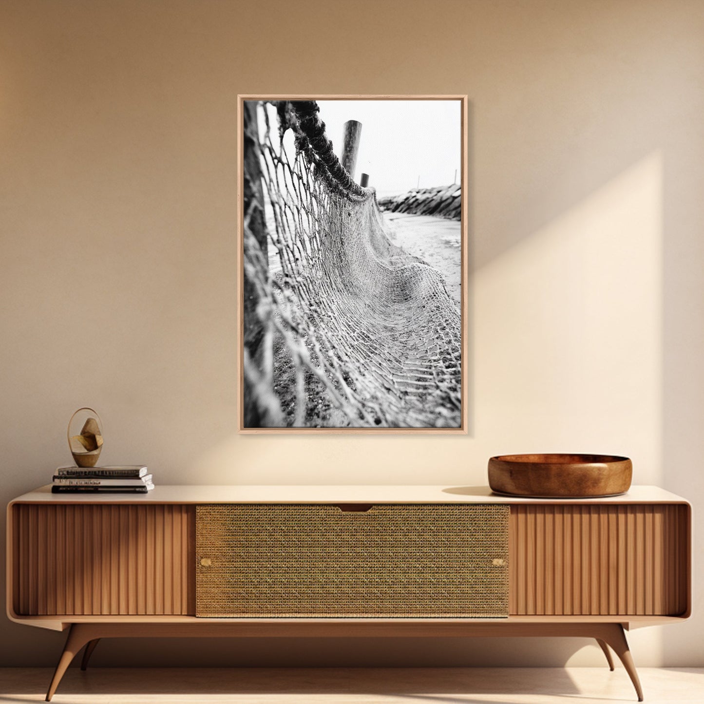 Coastal Net, Beach Texture, Nautical Vibe, Ocean Fence, Framed Canvas Print, Bathroom Wall Art, Coastal Cottage Style, Monochrome Beach Art