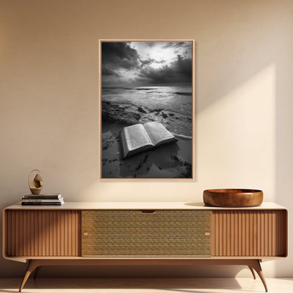 Book Beach Twilight, Reading By Ocean, Literary Seascape, Canvas Print, Study Wall Art, Moody Literary Art, Minimalist Coastal Decor