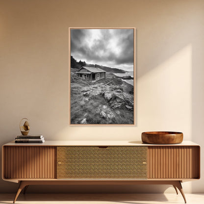 Abandoned Cabin, Coastal Cliff, Moody Landscape, Autumn Wall Art, Framed Canvas Print, Living Room Rustic Art, Farmhouse Aesthetic