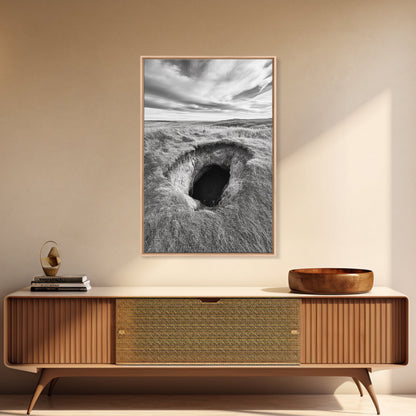 Burrow Entrance, Hidden Hole, Grassland Tunnel, Canvas Print, Nature Wall Art, Living Room Decor, Black White Landscape Photography