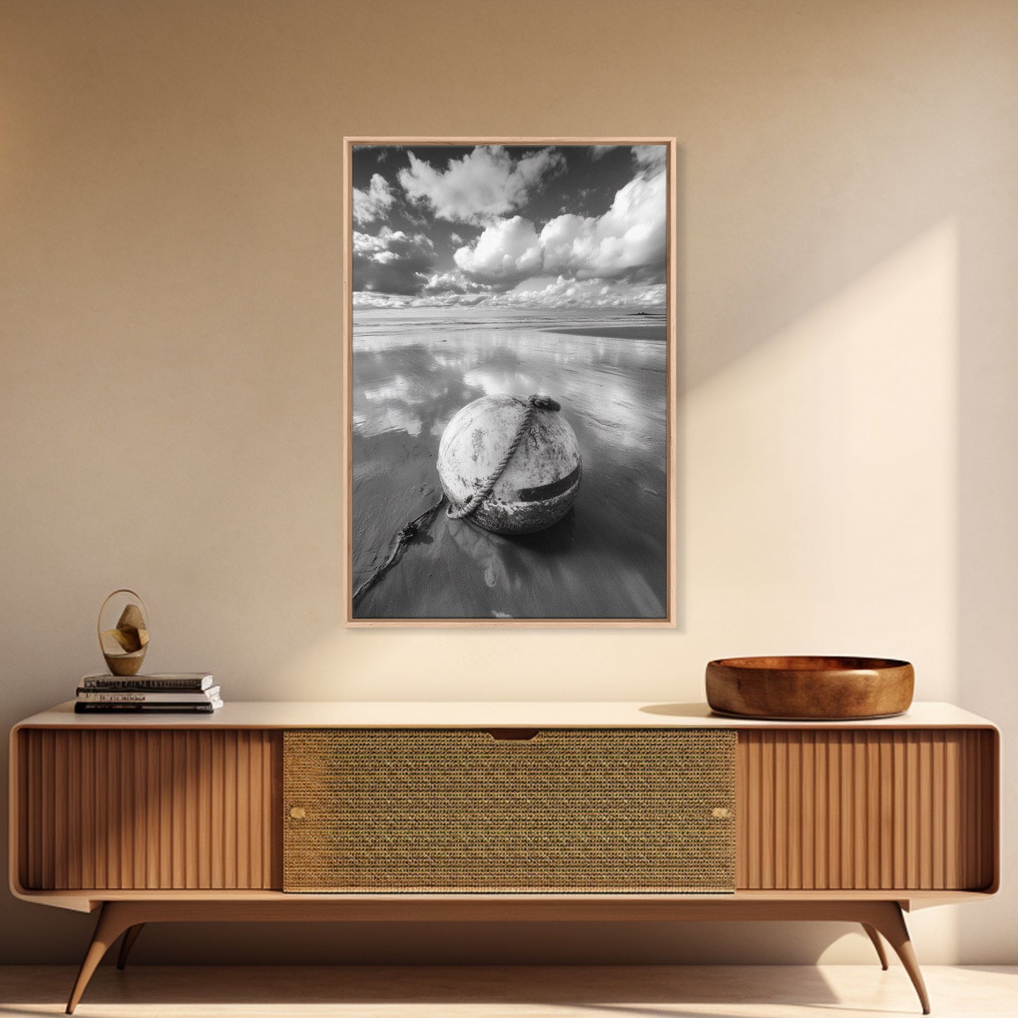 Washed buoy shore, coastal solitude, beach reflections, nautical simplicity, Framed Canvas Print, guest room art, seaside rustic wall decor