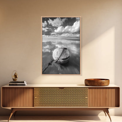 Washed buoy shore, coastal solitude, beach reflections, nautical simplicity, Framed Canvas Print, guest room art, seaside rustic wall decor