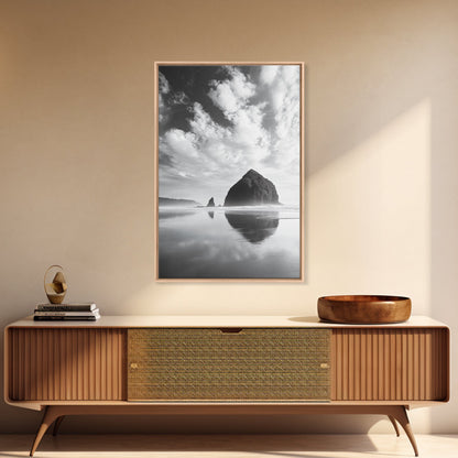 Iconic sea stack, Oregon coast art, tranquil reflections, dramatic clouds, Canvas Print, bedroom wall art, modern coastal minimalist decor