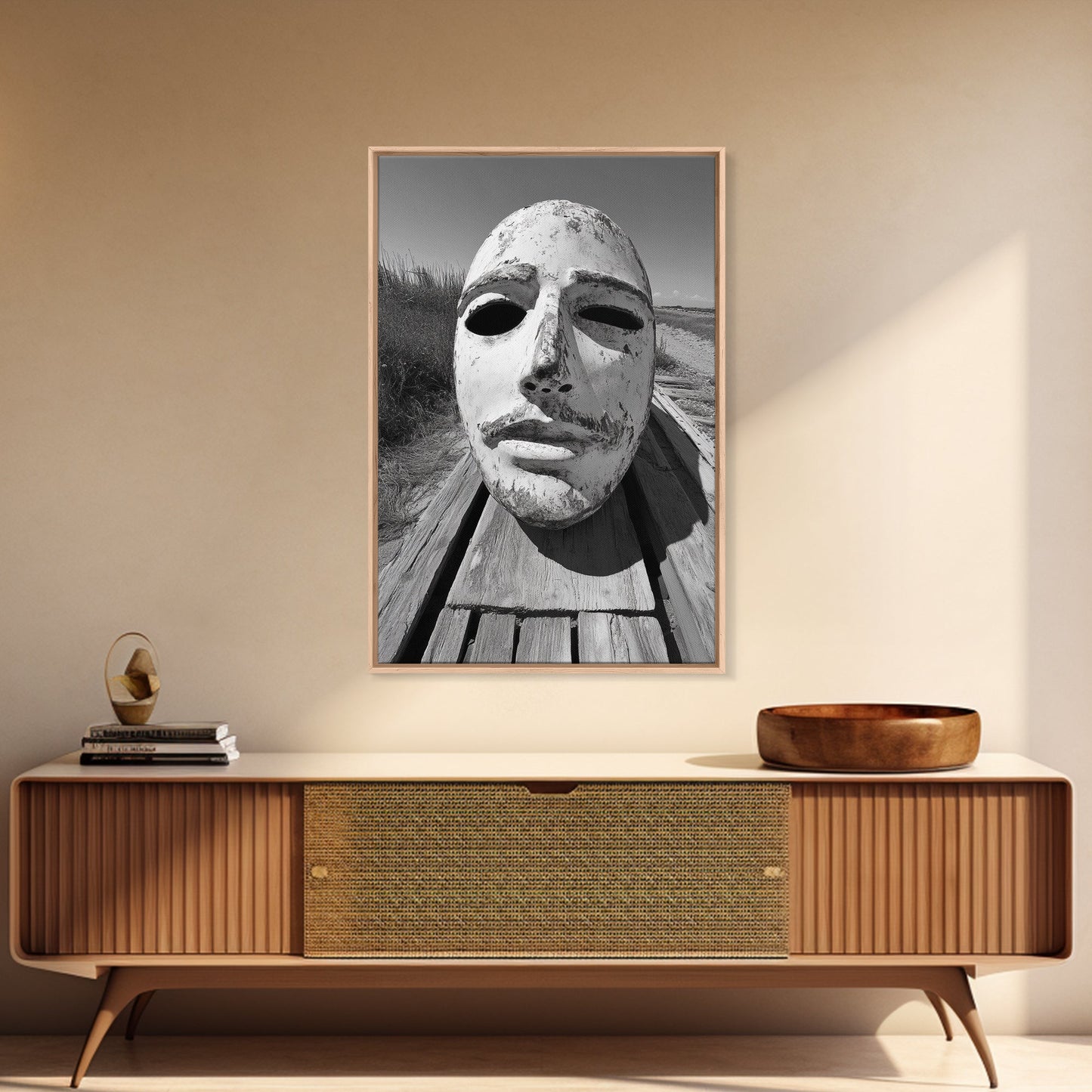 Weathered Mask, Coastal Surreal, Driftwood Dream, Canvas Print, Abstract Wall Art, Rustic Home Decor, Boho Artistic Style