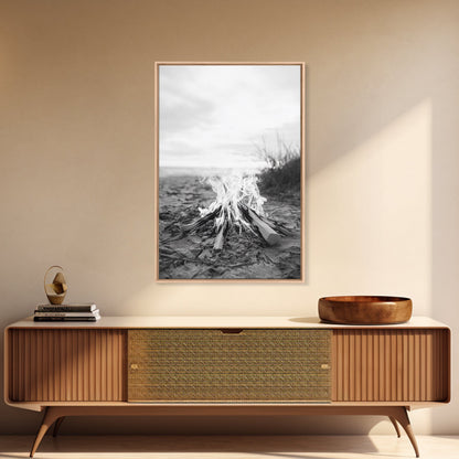 Campfire, Beach, Smoke, Glow - Cozy outdoor scene with flickering flame, Canvas Print, perfect rustic cabin or camping decor, Autumn Wall Art