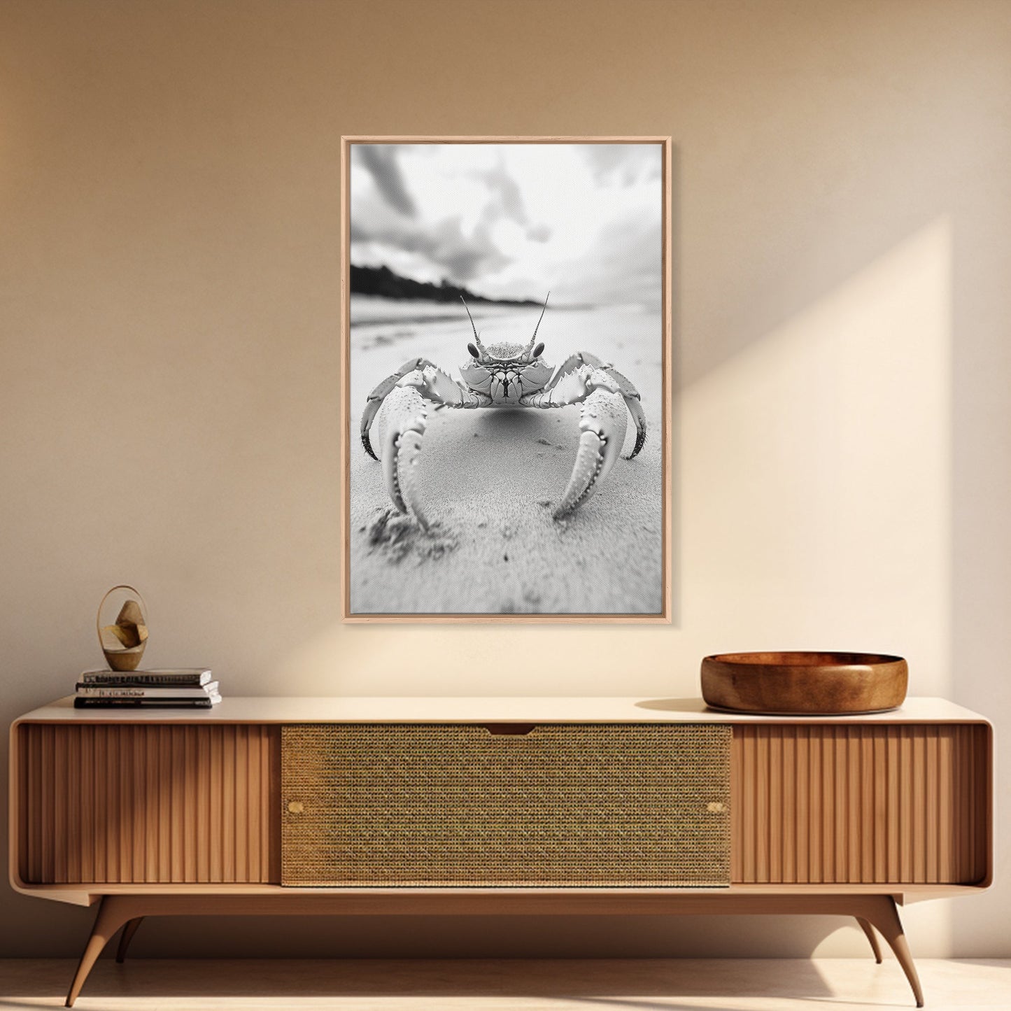 Beach Crab Portrait, Closeup Ocean Art, Tropical Minimalism, Coastal Creature Photo, Framed Canvas Print, Bathroom Wall Decor, Marine Decor