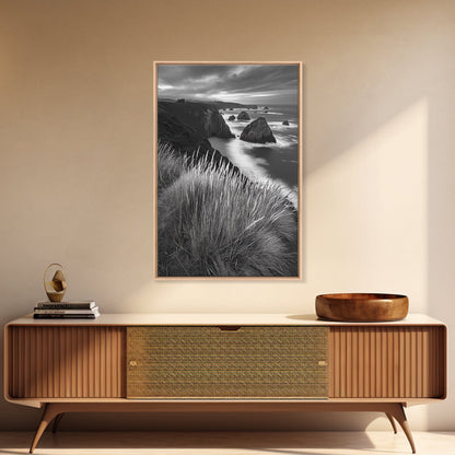 Coastal Cliffs, Ocean Rocks, Tall Grass, Canvas Print, Windswept Landscape Art, Beach House Wall Decor, Monochrome Nature Scene