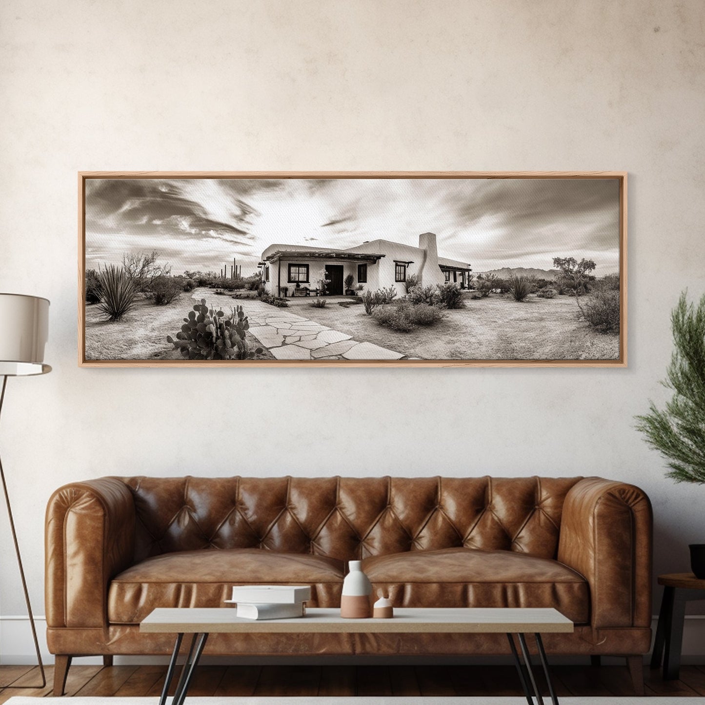 Desert Home, Adobe House, Rustic Pathway, Cactus Garden, Framed Canvas Print, Southwestern Decor, Living Room Wall Art, Western Aesthetic