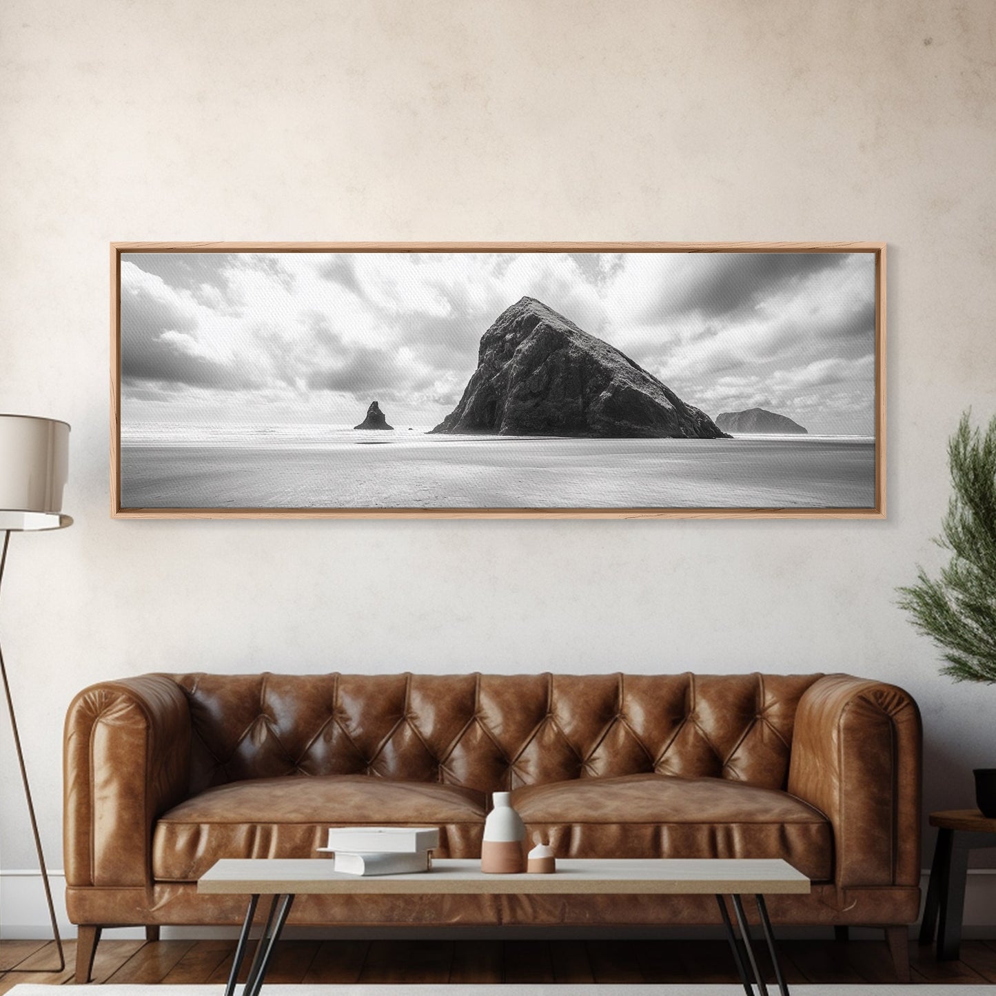 Sea Stack, Beach Horizon, Dramatic Sky, Monochrome Seascape, Framed Canvas Print, Coastal Wall Art, Modern Minimalist Entryway Decor