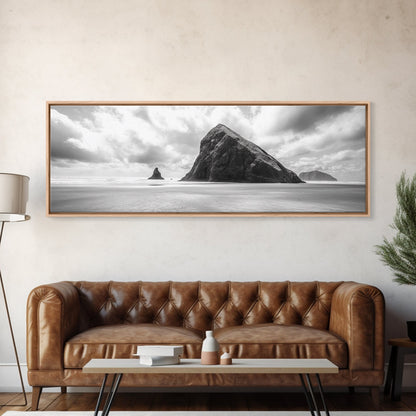 Sea Stack, Beach Horizon, Dramatic Sky, Monochrome Seascape, Framed Canvas Print, Coastal Wall Art, Modern Minimalist Entryway Decor