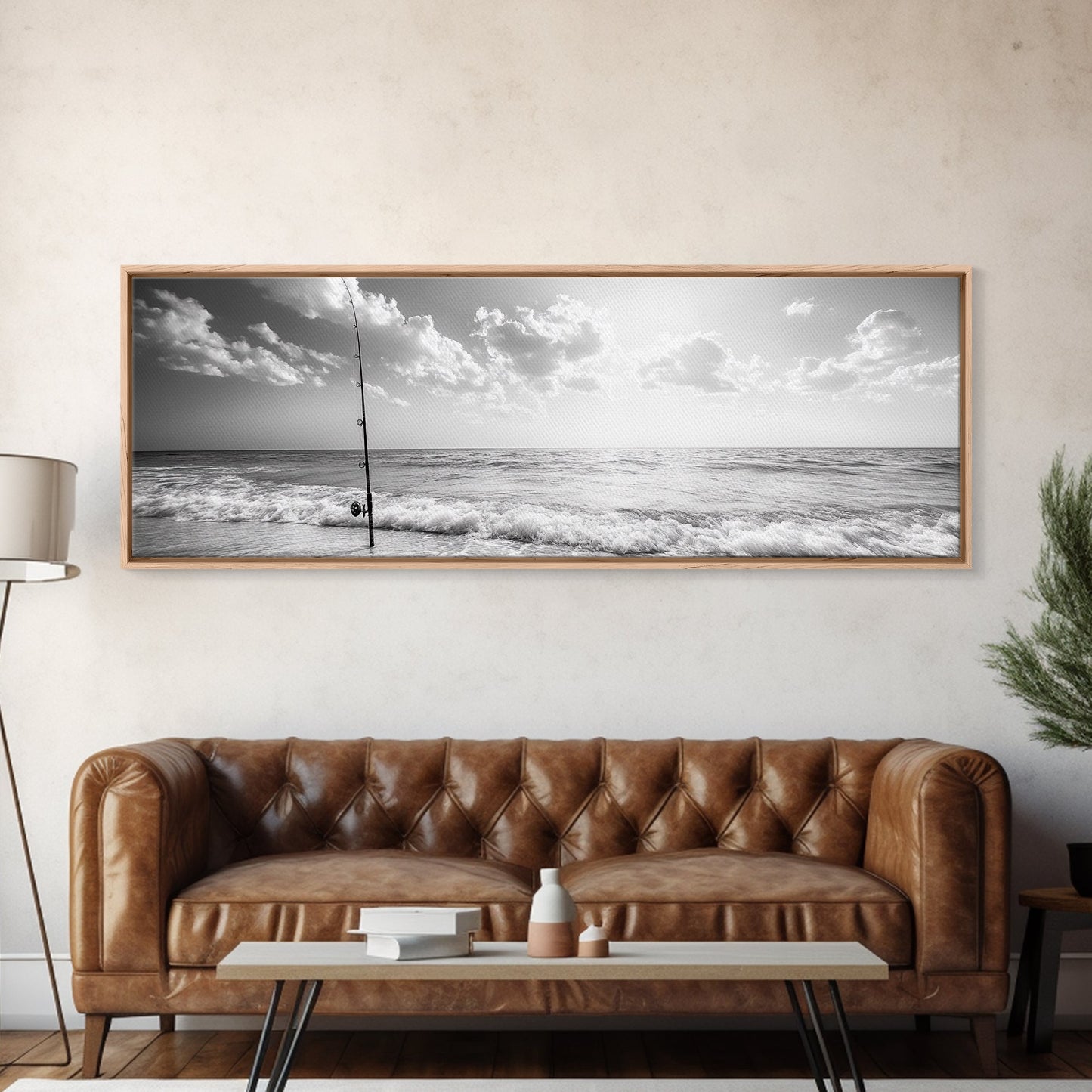 Beach Fishing, Ocean Waves, Rod and Reel, Framed Canvas Print, Coastal Living Wall Art, Minimalist Nautical Decor, Beach House Aesthetic