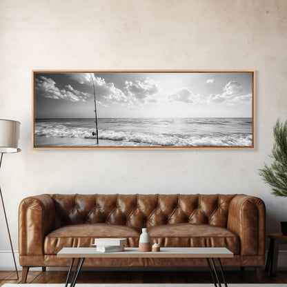 Beach Fishing, Ocean Waves, Rod and Reel, Framed Canvas Print, Coastal Living Wall Art, Minimalist Nautical Decor, Beach House Aesthetic