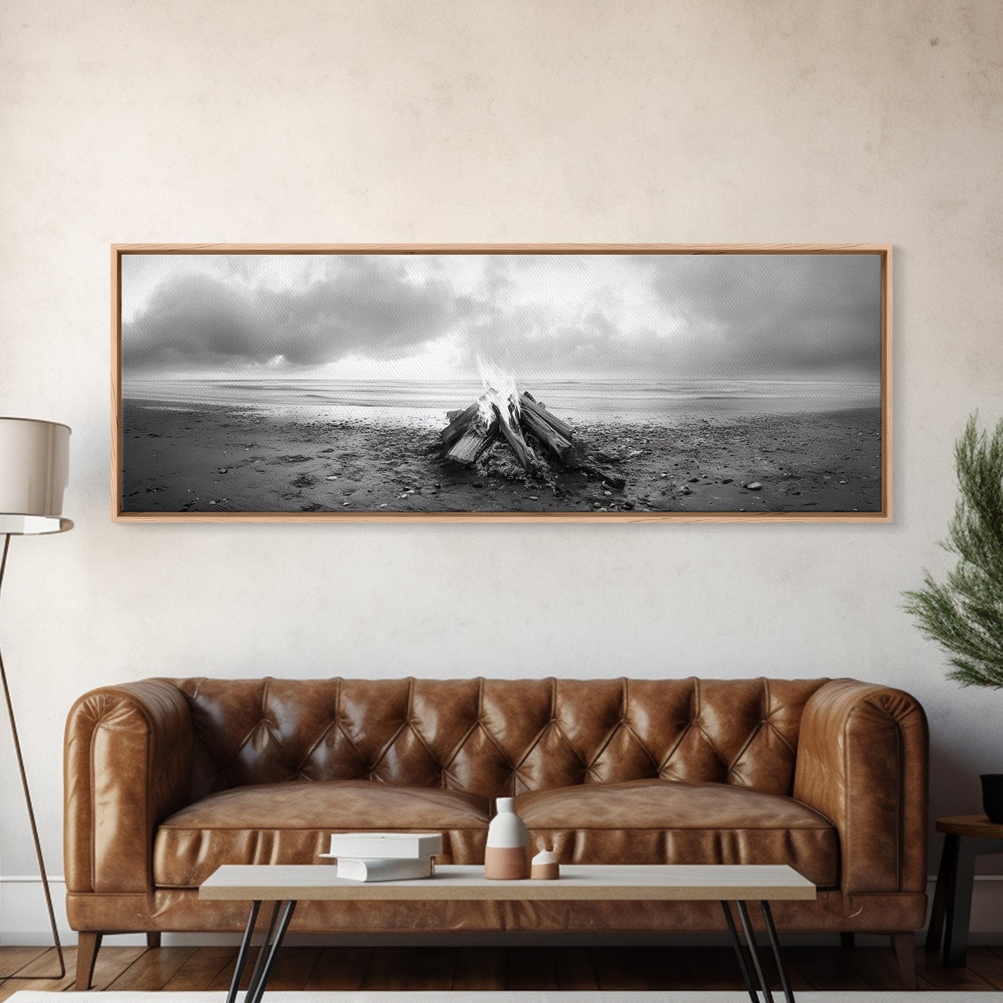 Beach Bonfire, Coastal Glow, Driftwood Fire, Ocean Calm, Framed Canvas Print, Fall Wall Art, Living Room Decor, Nature Photography Style