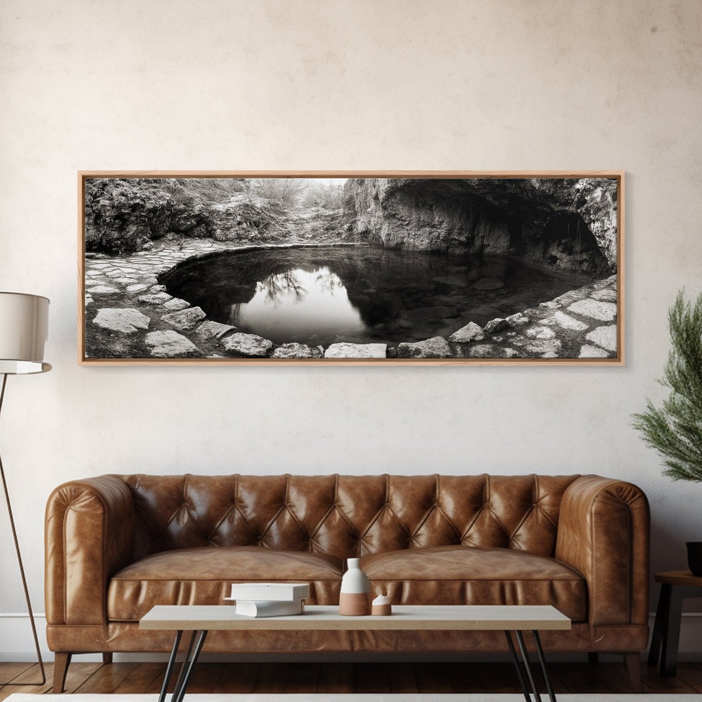 Steinbecken, Stille Spiegelung, Naturfotografie, Zen-Atmosphäre, Gerahmter Leinwanddruck, Wandbild fürs Badezimmer, Rustikale Dekoration, Ruhige Wohnatmosphäre