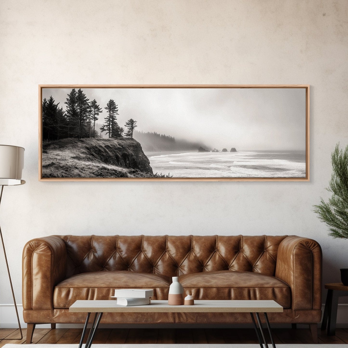 Foggy Pines, Ocean Horizon, Coastal Landscape, Moody Beach Scene, Canvas Print, Bedroom Wall Art, Rustic Cabin Decor, Nature Photography
