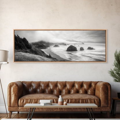 Pazifikküste, nebelverhangene Klippen, Felsen im Meer, stimmungsvolle Strandszene, Leinwanddruck, moderne Naturdekoration, Wandbild fürs Wohnzimmer, Küstenlandschaft