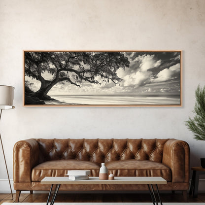 Südliche Eiche, Küstenbaum, Strandidylle, idyllische Landschaft, Leinwanddruck, neutrale Wohnzimmerkunst, Boho-Naturdekor, Strandwandkunst