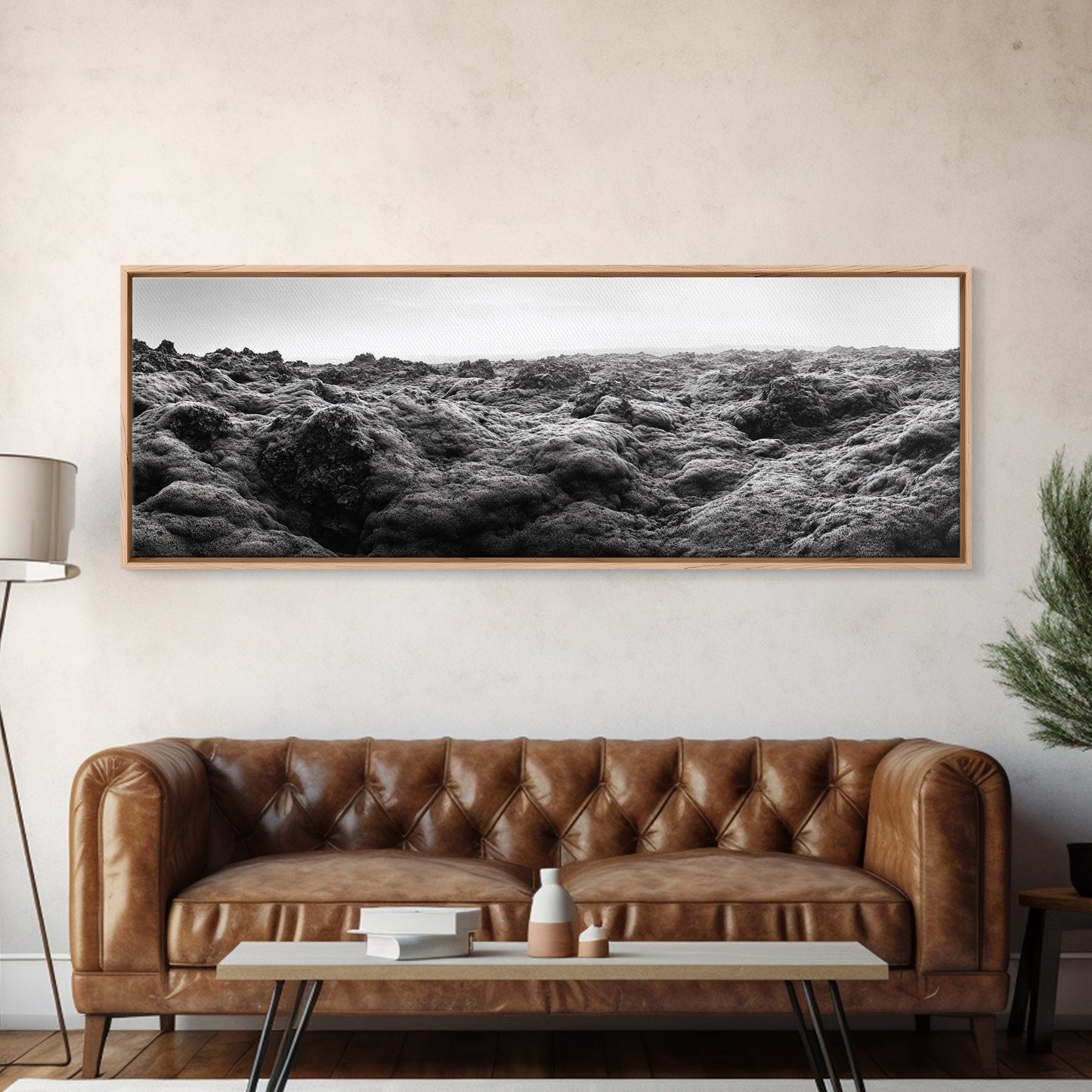 Vulkanmoos, raues Gelände, isländische Landschaft, wilde Naturszene, Leinwanddruck, Erdtöne, Wandbild für den Eingangsbereich, minimalistische Abenteuerkunst