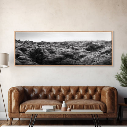 Vulkanmoos, raues Gelände, isländische Landschaft, wilde Naturszene, Leinwanddruck, Erdtöne, Wandbild für den Eingangsbereich, minimalistische Abenteuerkunst