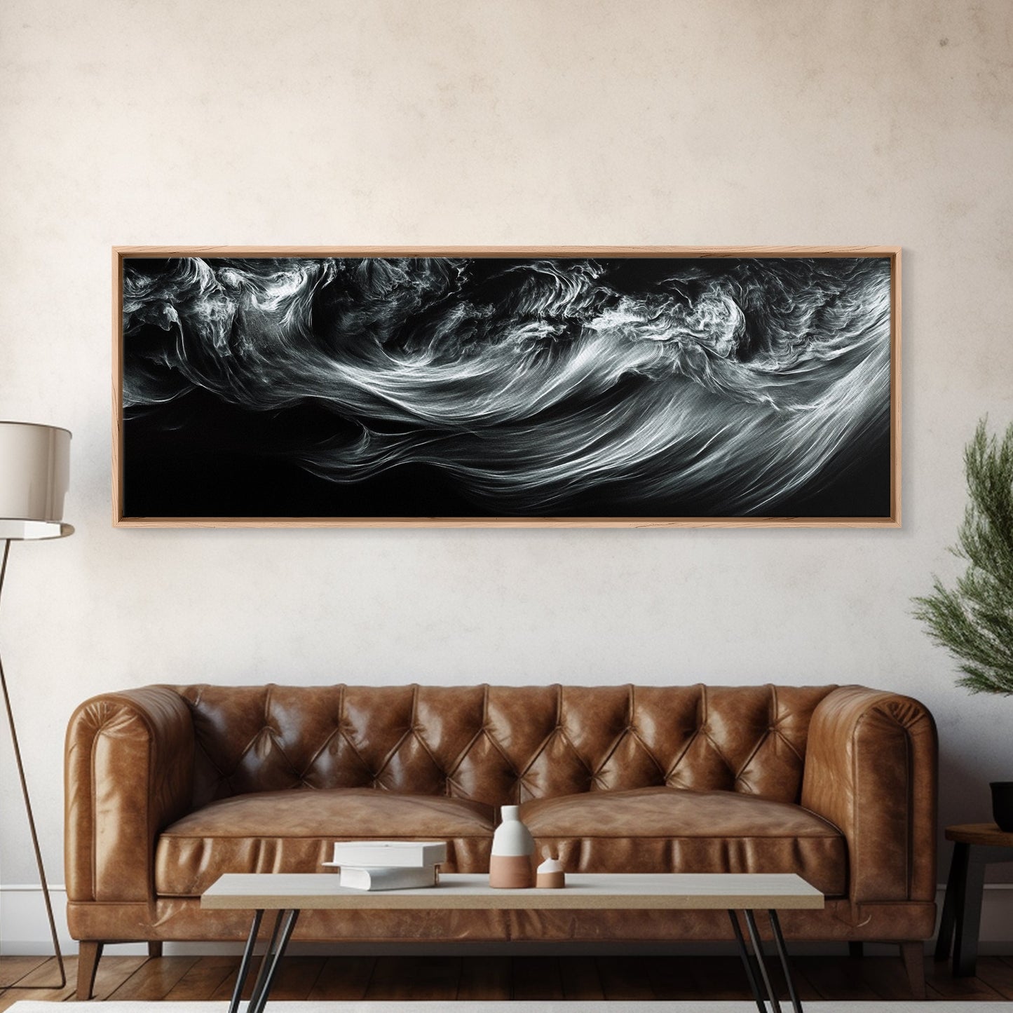 Abstract Ocean Waves, Motion Energy Art, Black and White Fluid Lines, Framed Canvas Print, Modern Wall Art, Minimalist Living Room