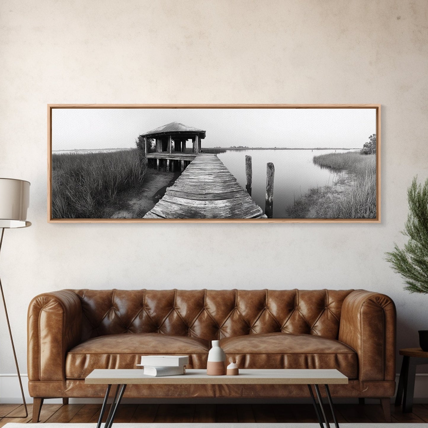 Abandoned Pier, Lakeside Shack, Black and White Marsh, Framed Canvas Print, Rustic Entryway Art, Minimalist Coastal Cabin Decor