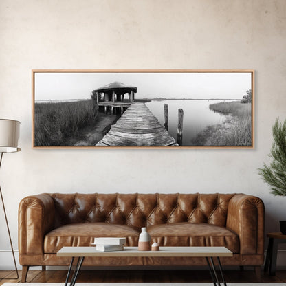 Abandoned Pier, Lakeside Shack, Black and White Marsh, Framed Canvas Print, Rustic Entryway Art, Minimalist Coastal Cabin Decor