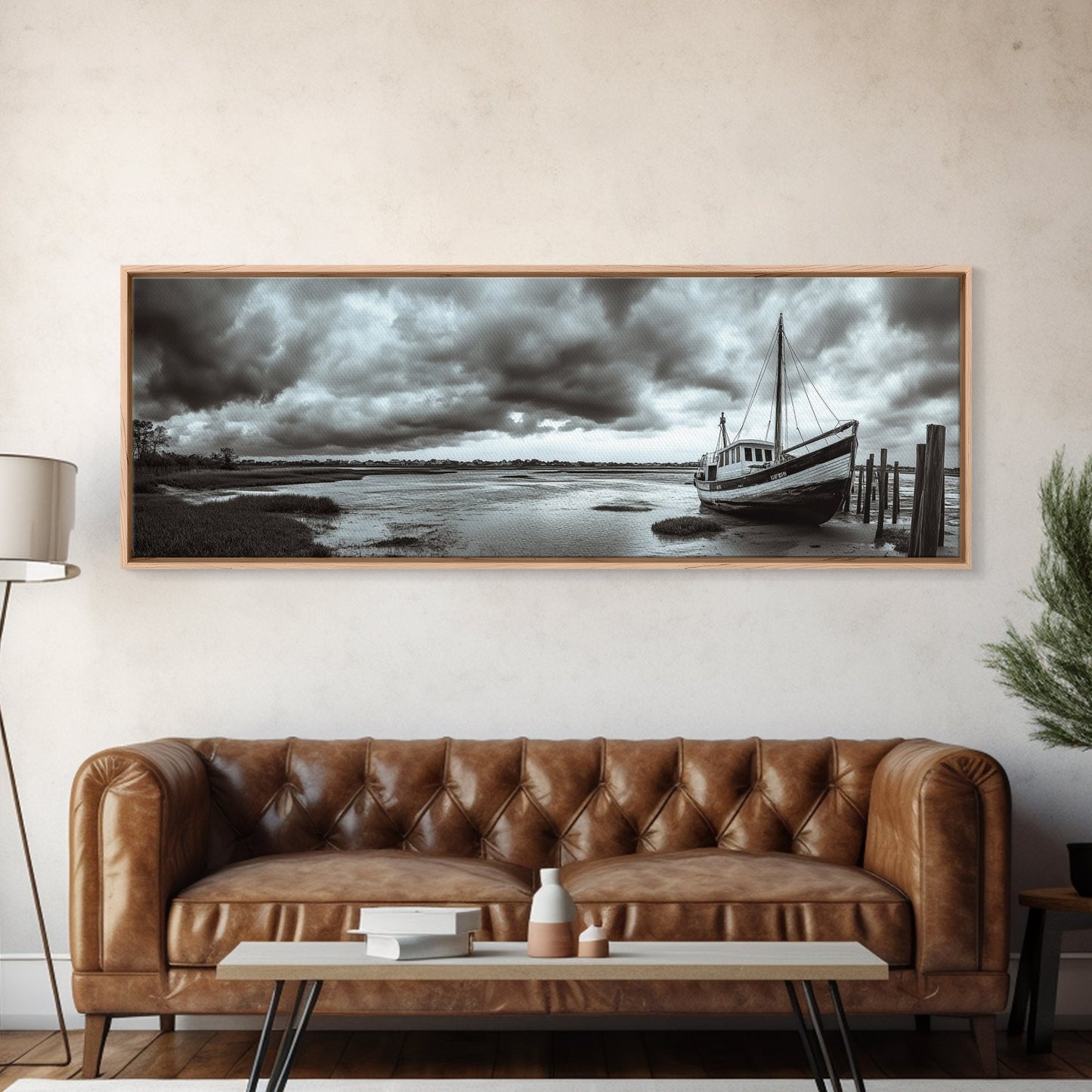 Abandoned Fishing Boat, Coastal Storm Scene, Rustic Nautical Decor, Framed Canvas Print, Beach House Art, Autumn Decor, Moody Wall Print