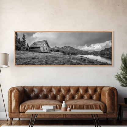 Cabin On Hill, Mountain Lake, Rustic Retreat, Canvas Print, Fall Wall Art, Cozy Home Decor, Adventure Landscape, Nature-Inspired Design