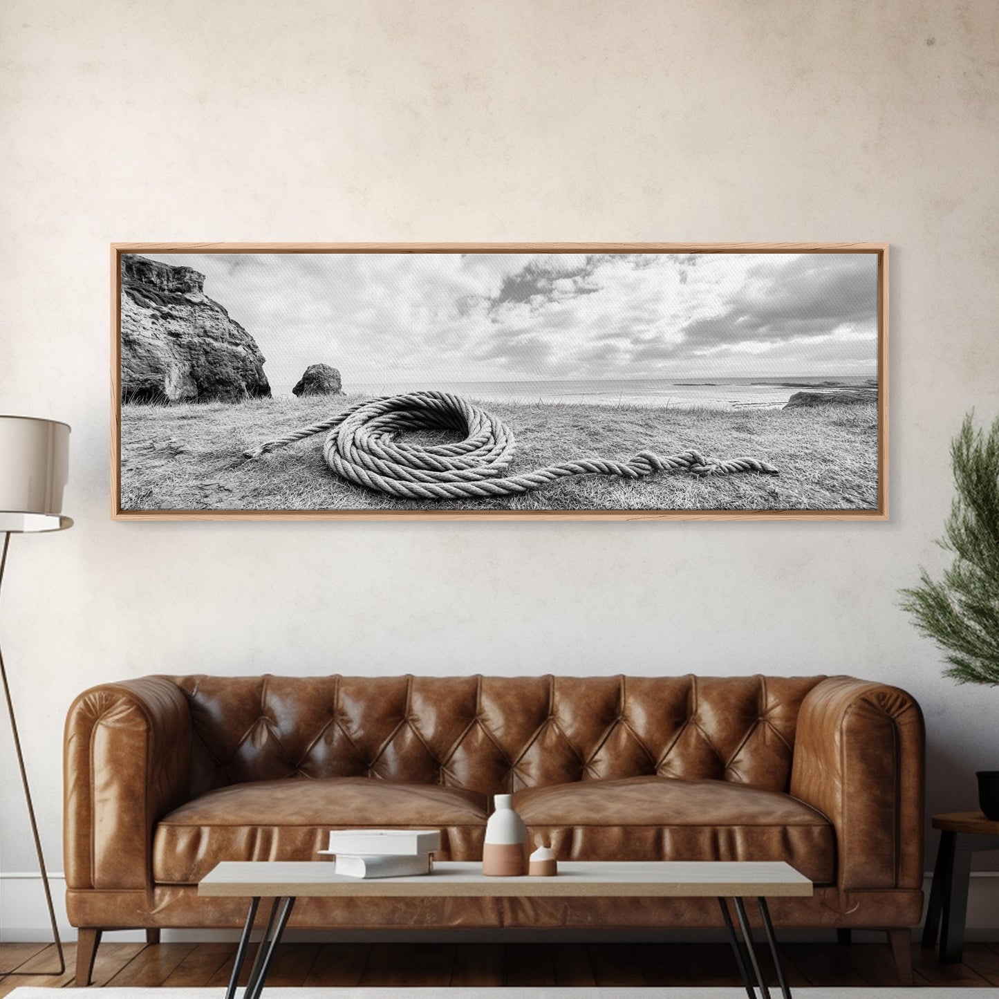 Coastal Rope, Windswept Bluff, Seaside Grass, Framed Canvas Print, Beach House Art, Nautical Decor, Neutral Living Room Style