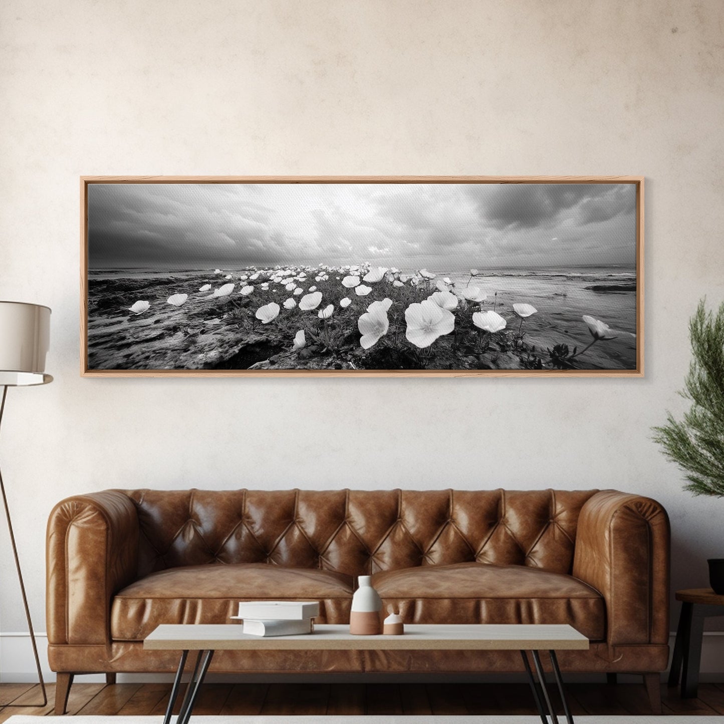 Wild Coastal Flowers, Seaside Blooms, Ocean Flora, Romantic Nature, Framed Canvas Print, Botanical Wall Art, Bathroom Decor, Soft Earth Tones