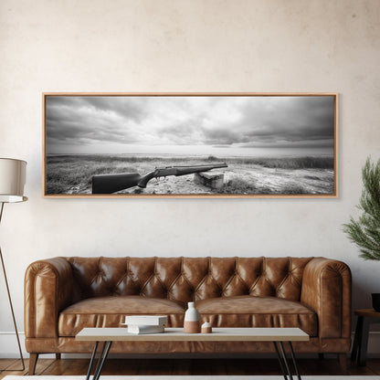 Coastal Rifle Scene, Outdoorsman Decor, Field and Sky Black and White Framed Canvas Print, Autumn Cabin or Lodge Wall Art